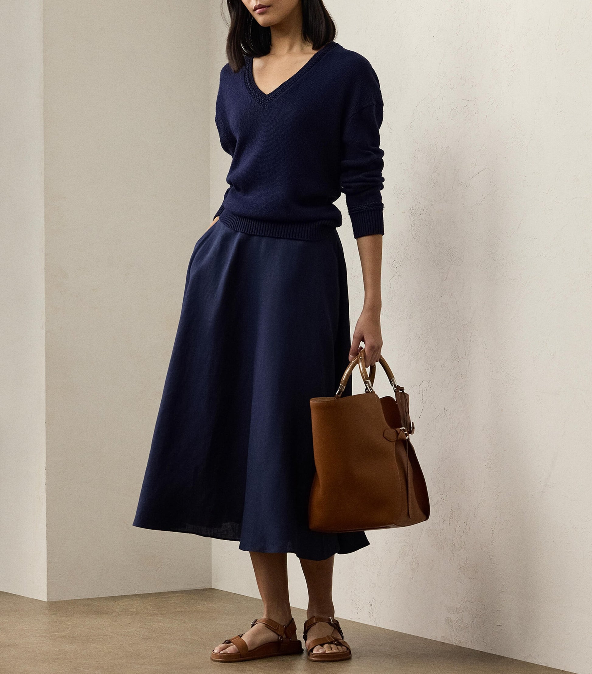 Navy Linen Erica Midi Skirt