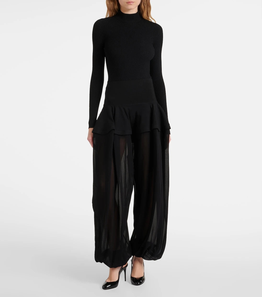 Alaïa - بنطلون جورسيه واسع الساقين بكشكشة حول الخصر