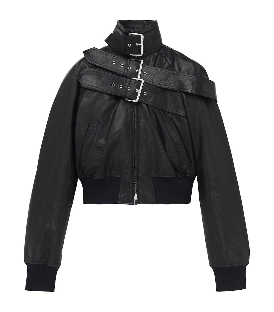 McQueen Black Leather Bomber Jacket