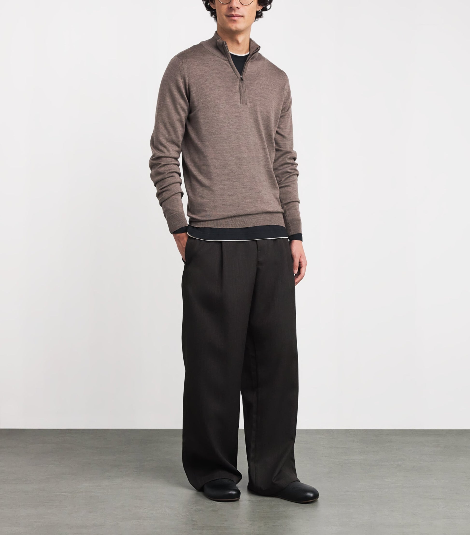 John Smedley Brown Extra Fine Merino Wool Half-Zip Tapton Sweater