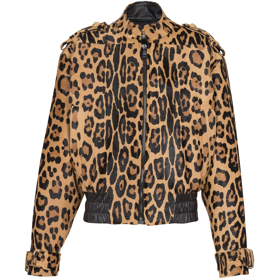 Balmain Brown Suede Leopard Print Bomber Jacket