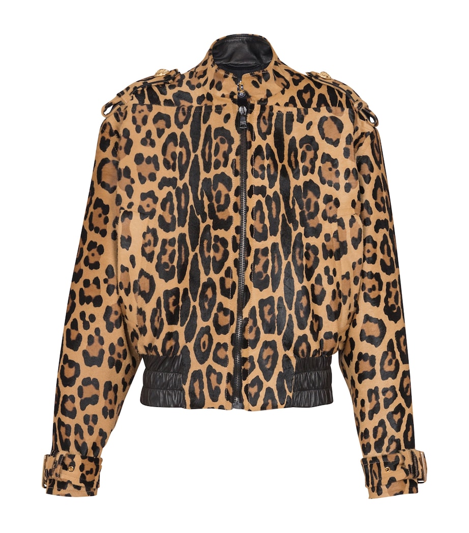Balmain Brown Suede Leopard Print Bomber Jacket