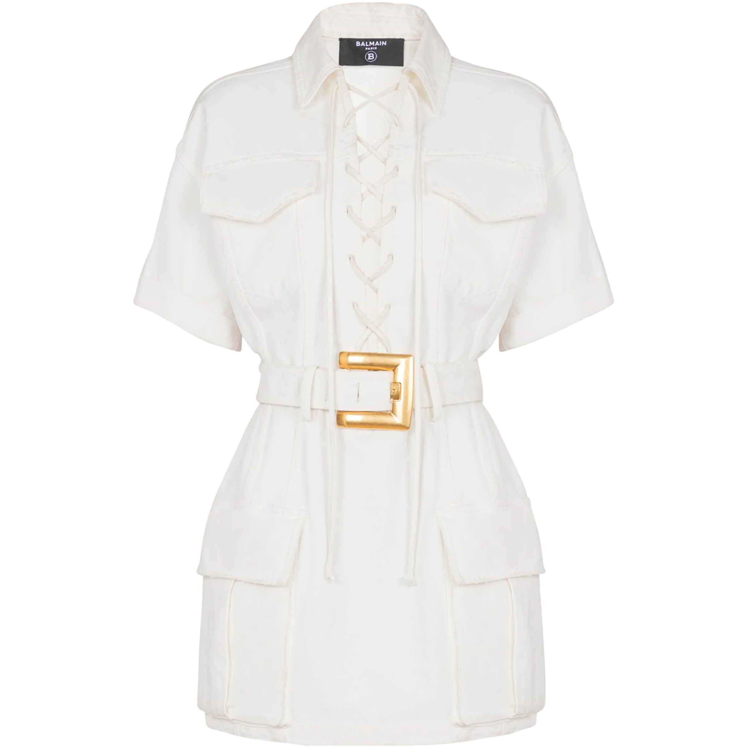 White Cotton Belted Mini Dress