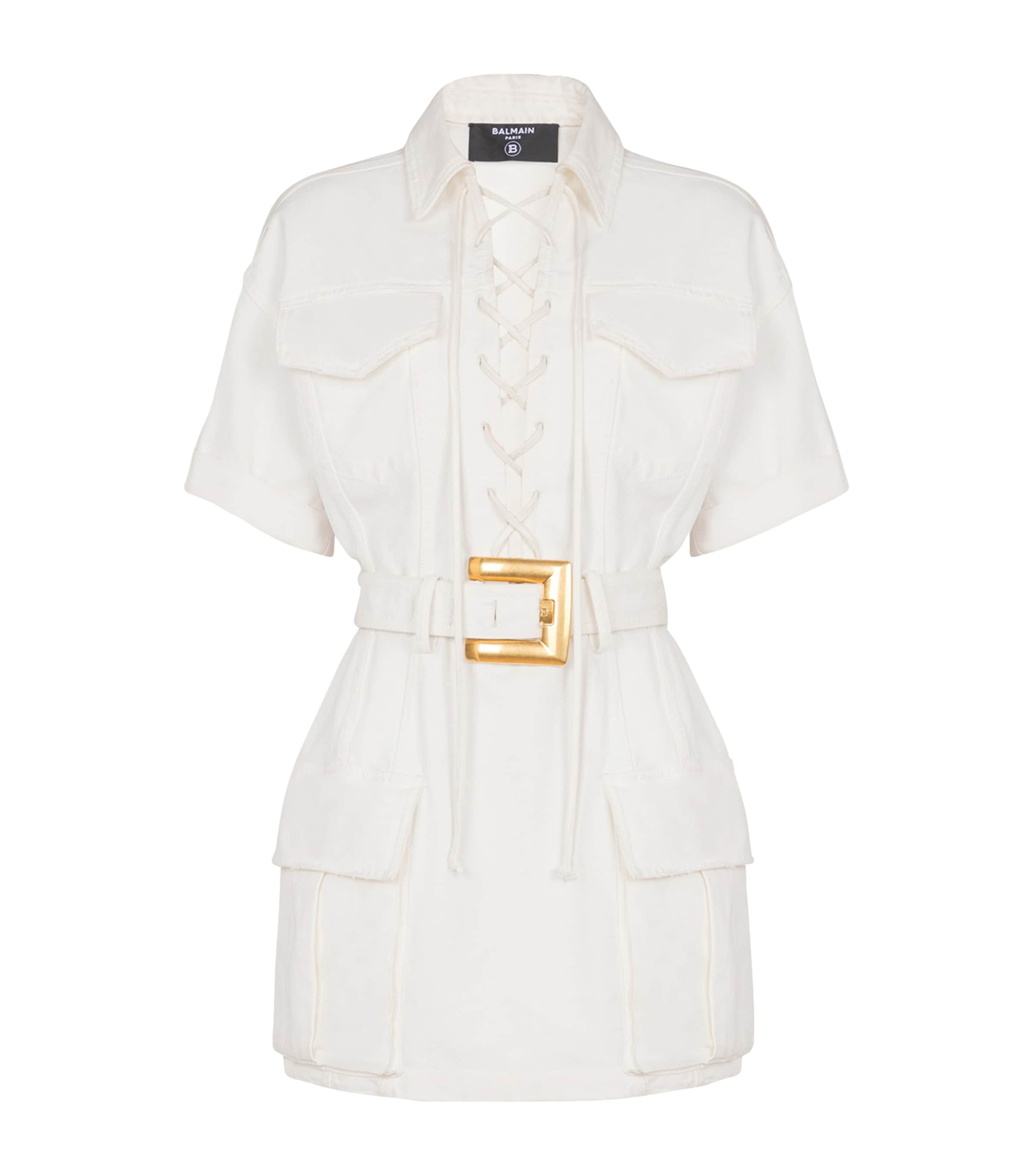 White Cotton Belted Mini Dress