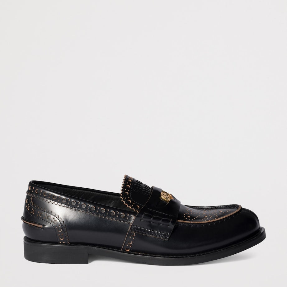 Black Embellished Leather Penny Loafers