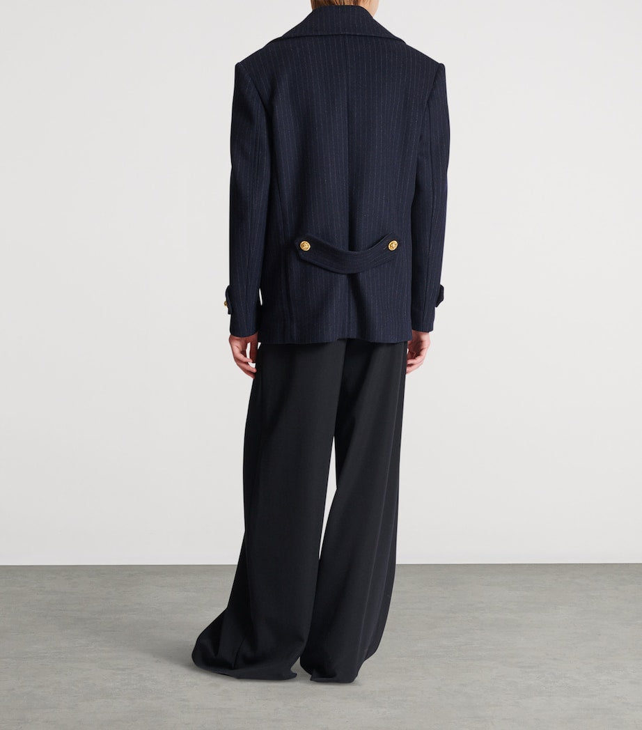 Balmain Merino Wool-Blend Stripe Pea Coat