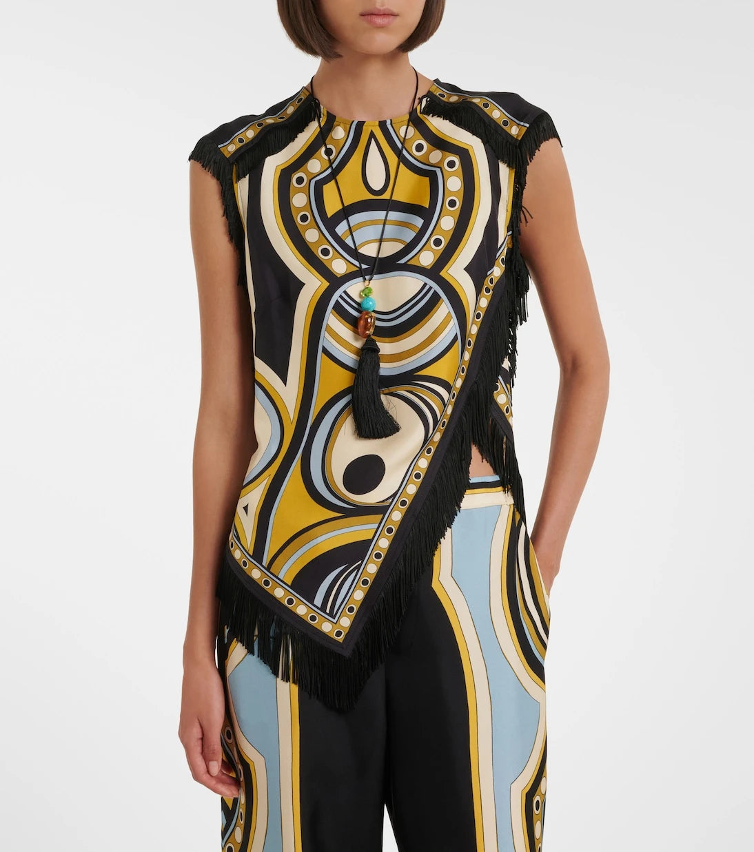 La DoubleJ - Scarf fringed printed silk voile top