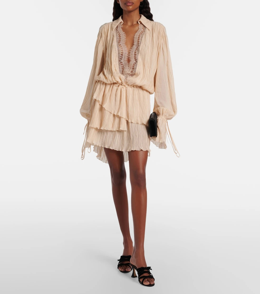 Blumarine - Lace-trimmed plissé georgette minidress