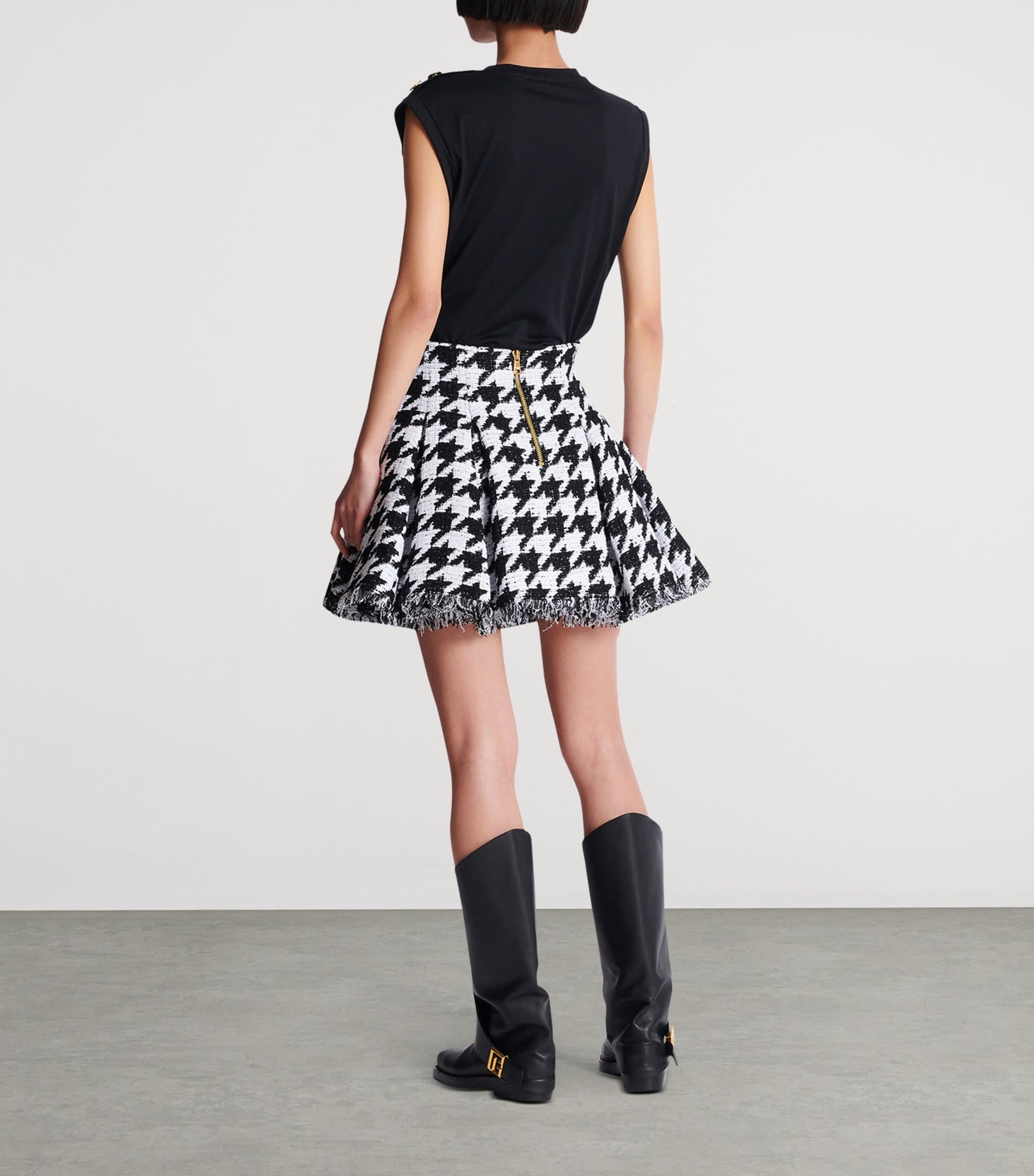 Black Tweed Pleated Mini Skirt