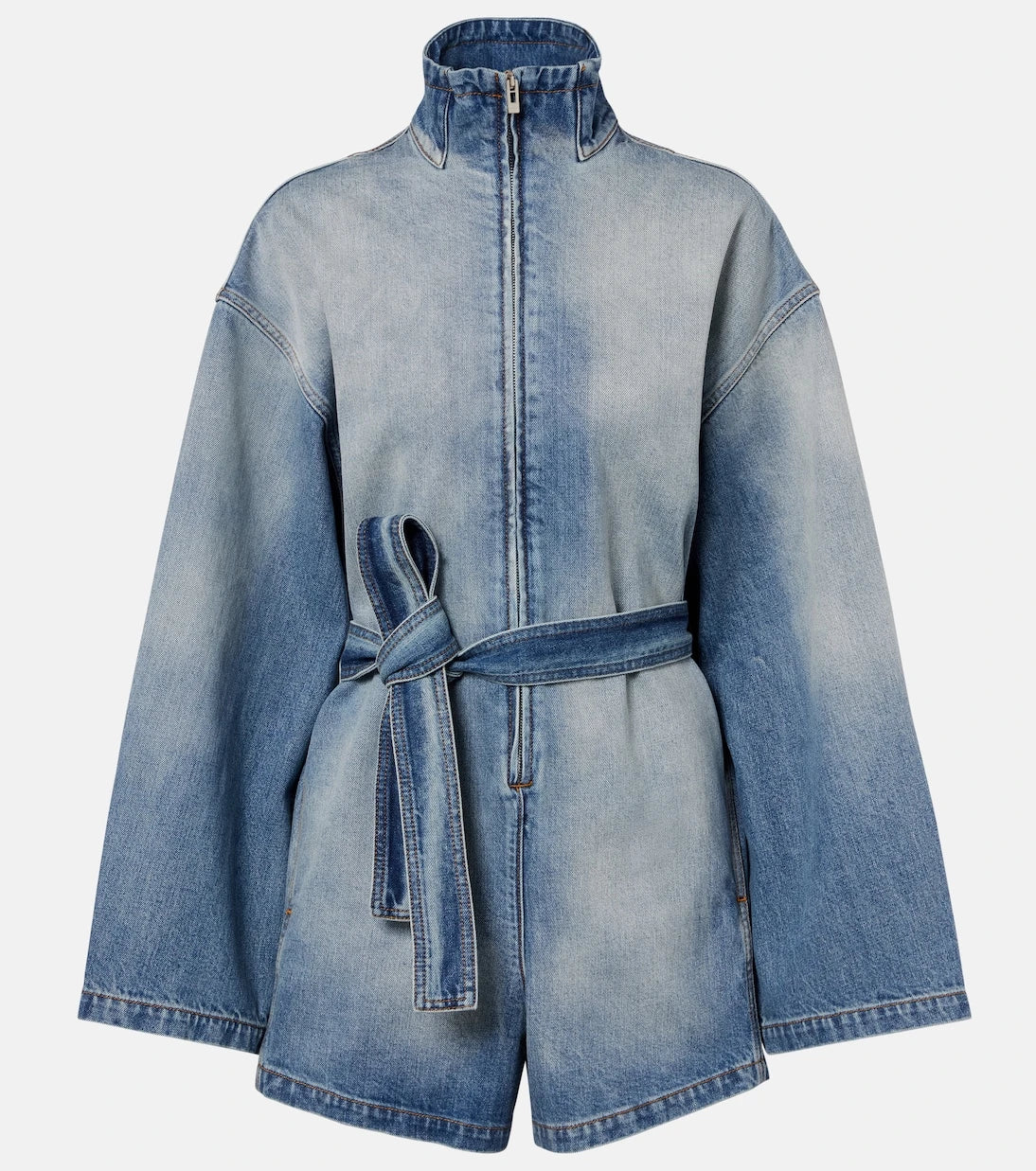 Alaïa - Belted cotton denim romper