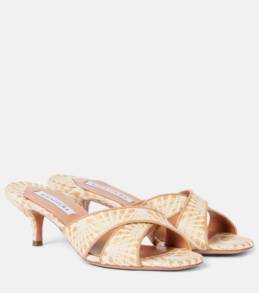 Aquazzura - Divine 50 leather-trimmed raffia mules