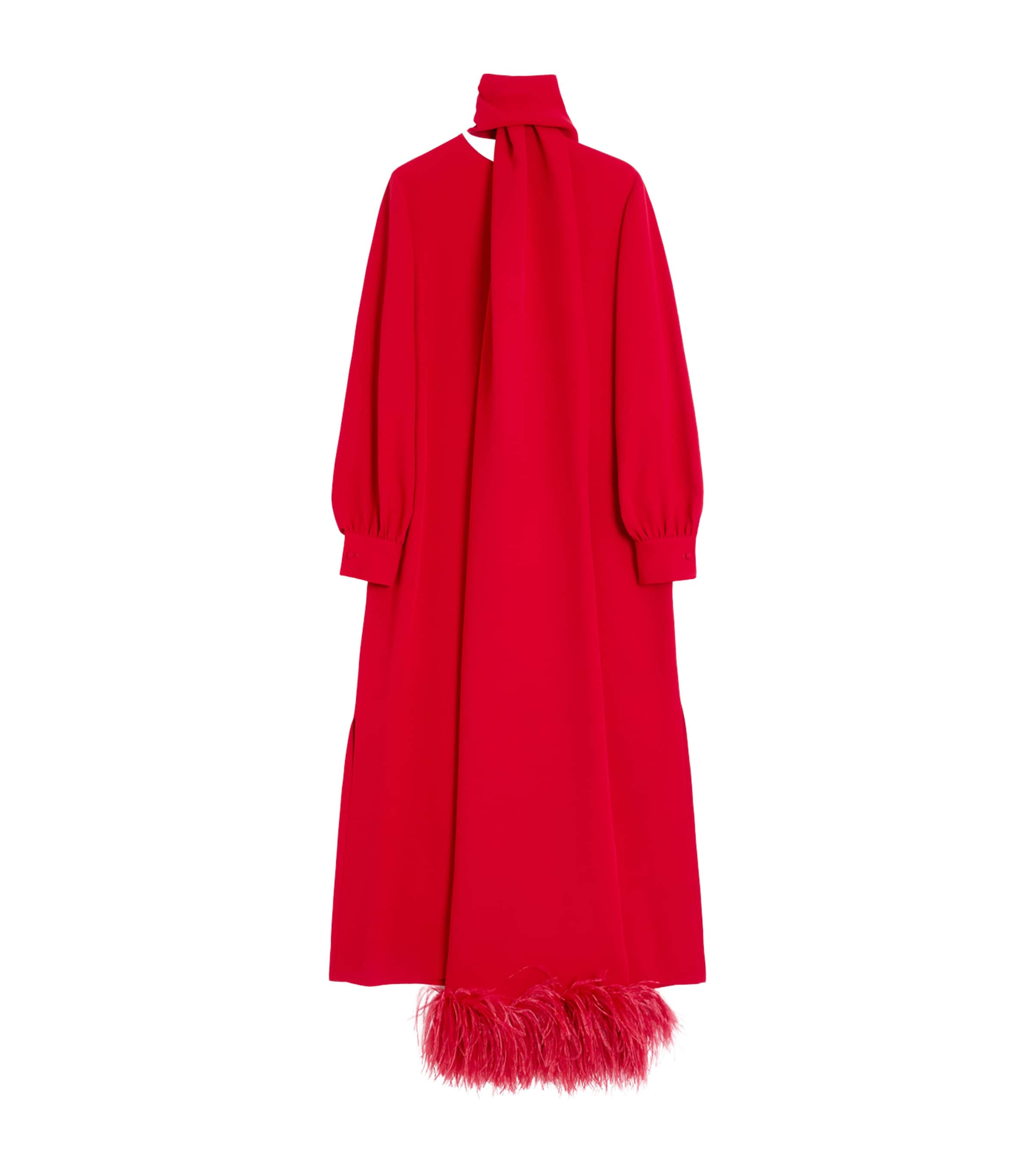 Valentino Red Silk Feather-Trim Maxi Dress