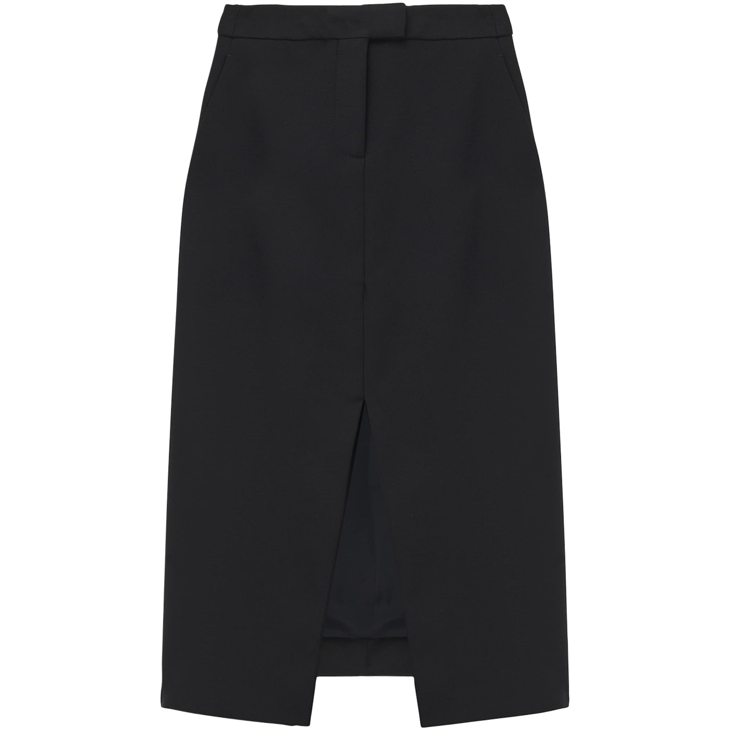 Black Stretch-Wool Midi Skirt