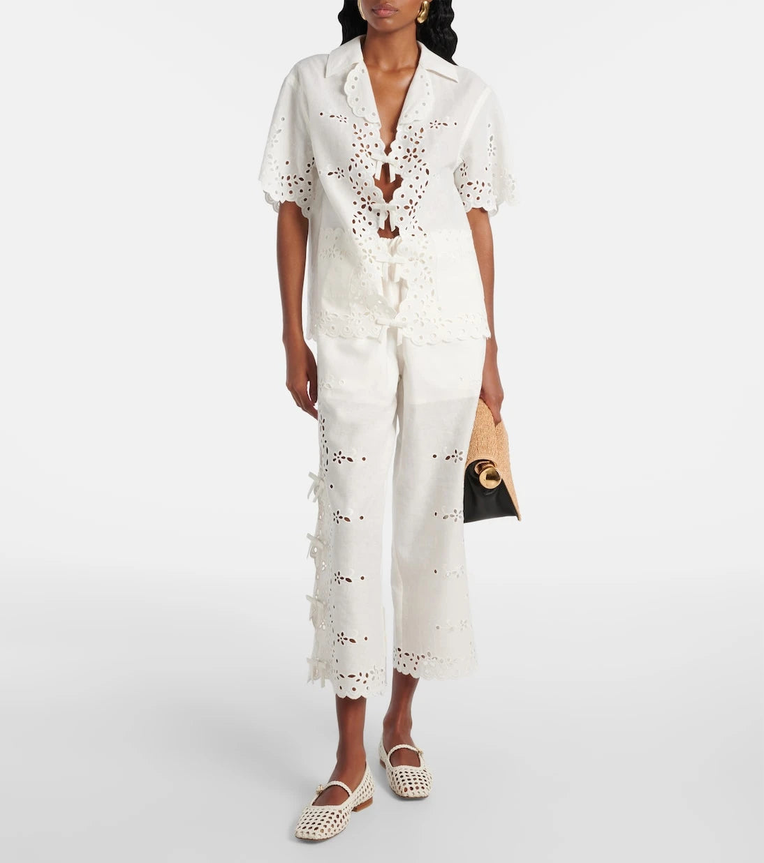 Self-Portrait - Embroidered cutout linen and cotton top