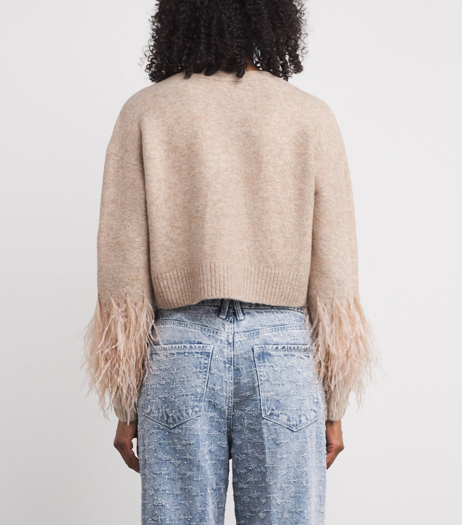 Cinq A Sept Beige Feather-Trim Bria Cardigan