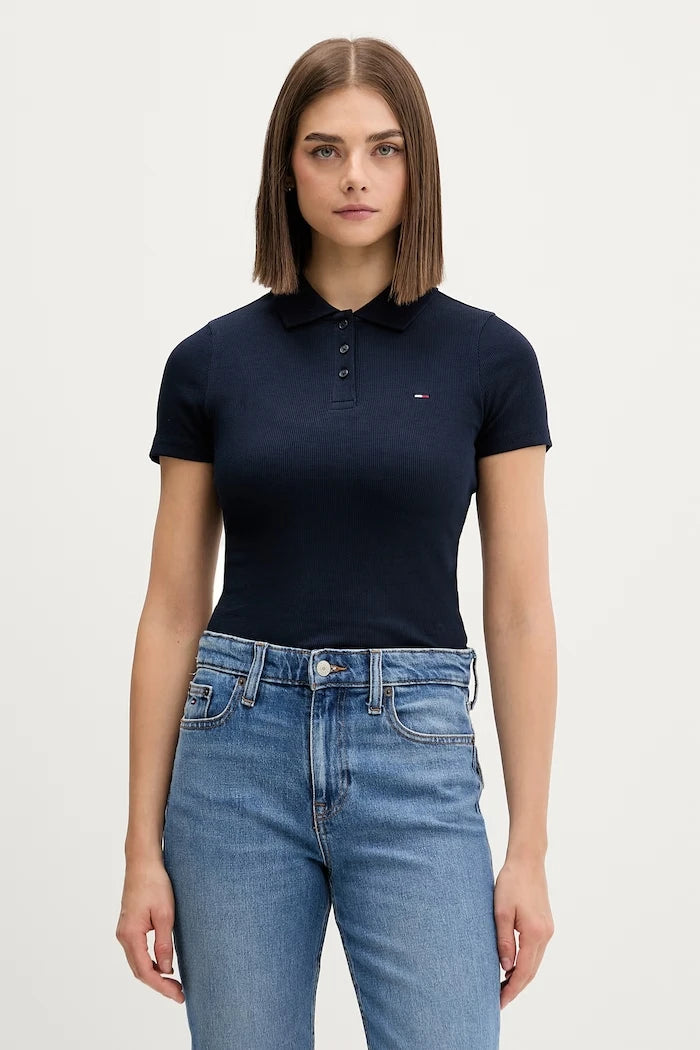Tommy Jeans yakalı kadın pamuklu elastan tişört