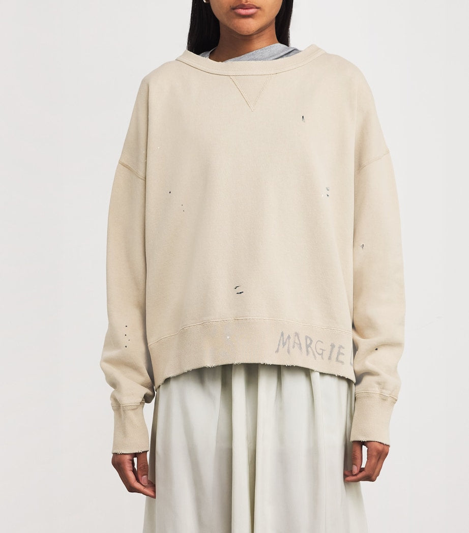 Maison Margiela Beige Cotton Distressed Logo Sweatshirt