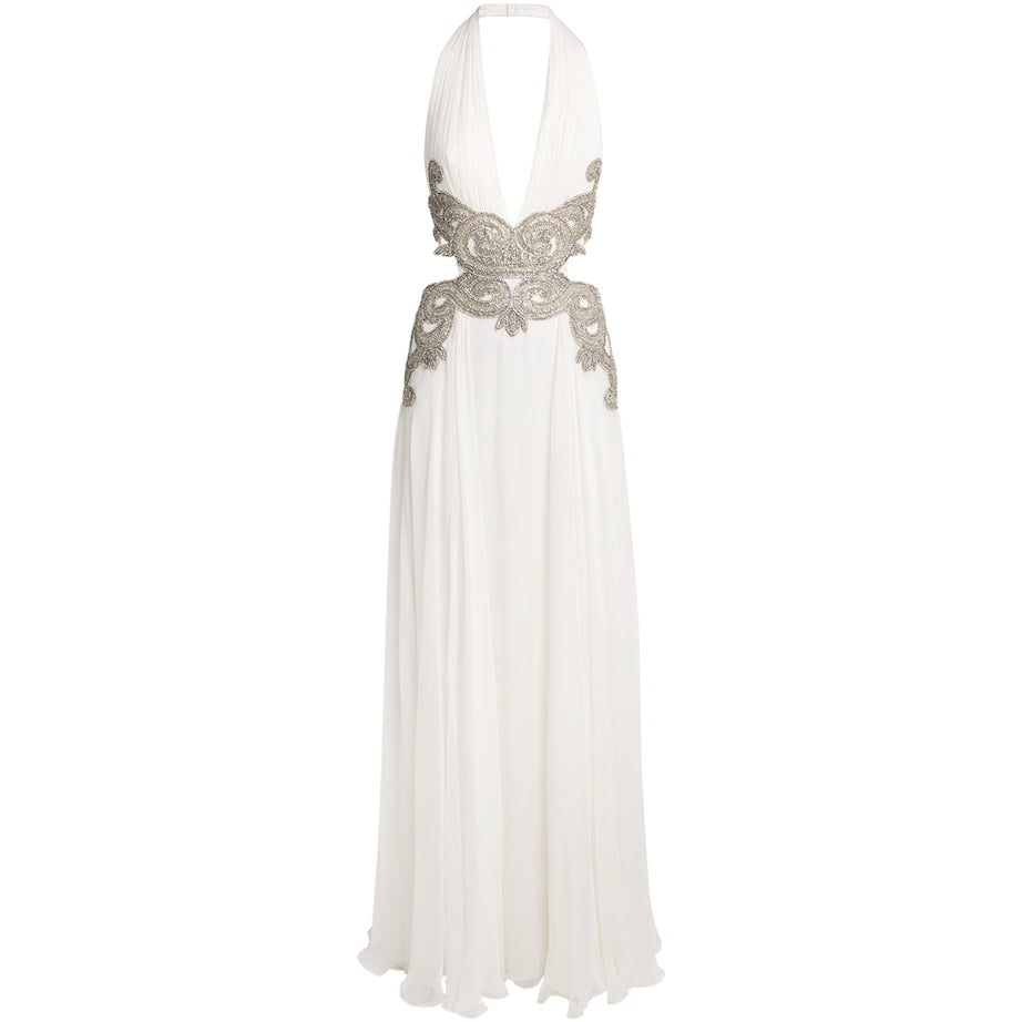 Zuhair Murad White Silk Chiffon Embellished Gown