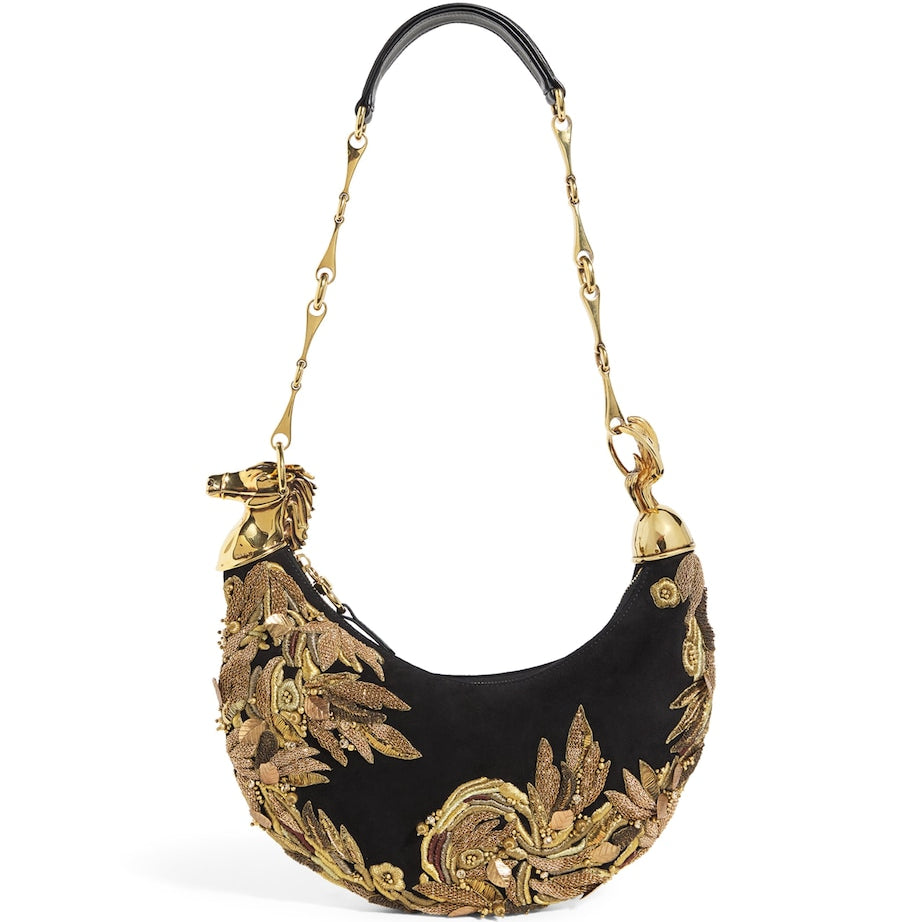 Chloé Black Suede Embellished Horse Shoulder Bag