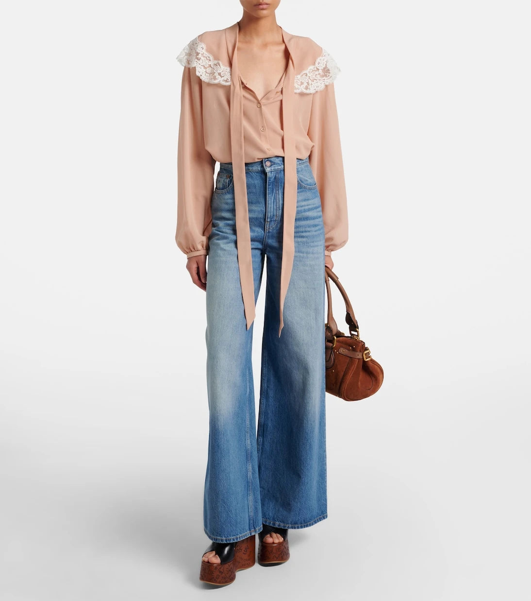 Chloé - Lace-trimmed tie-neck silk blouse