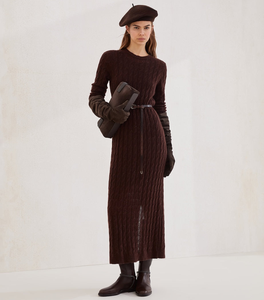 Brunello Cucinelli Brown Cable-Knit Maxi Dress