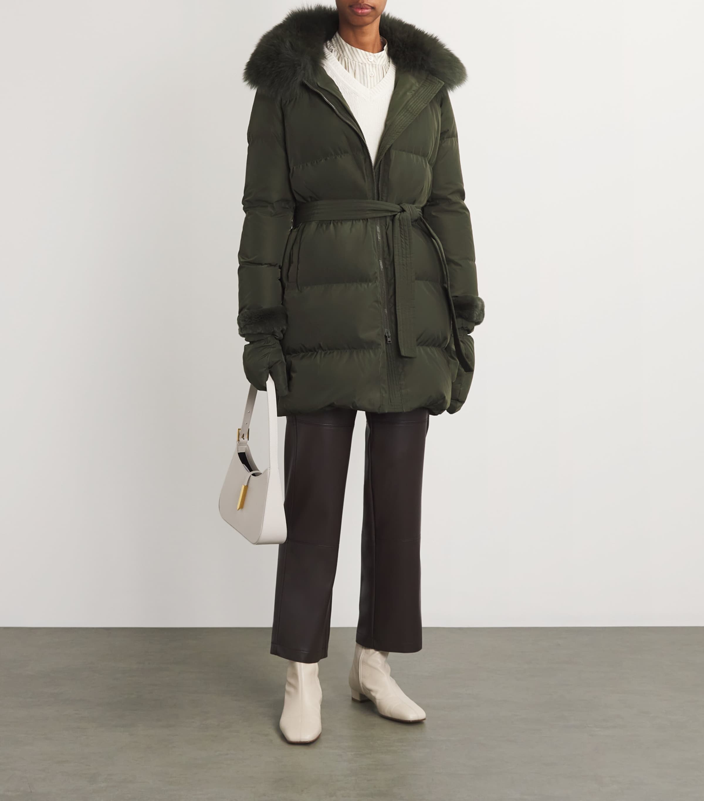 Yves Salomon Green Fur-Trim Down Coat with Mittens