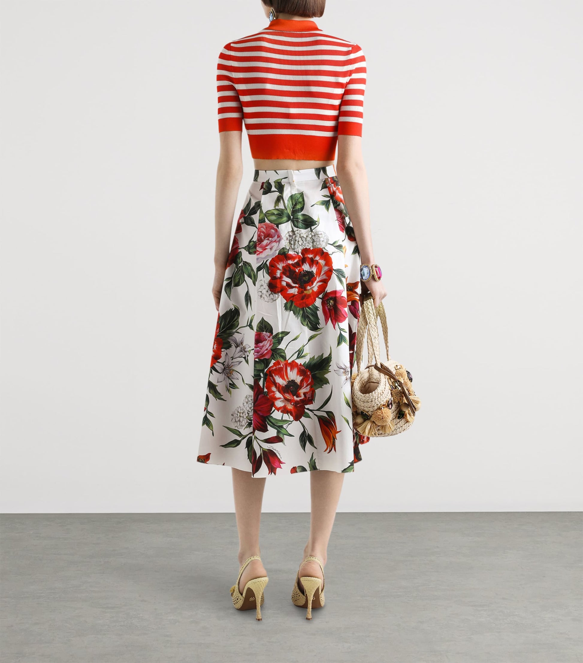 Multi Cotton Poplin Pleated Floral Print Midi Skirt