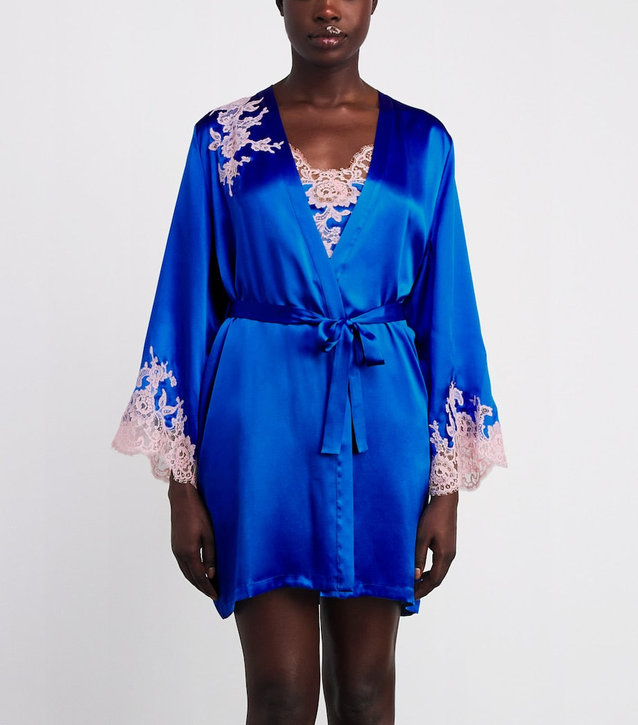 Blue Silk Lace-Trim Bénédicte Short Robe