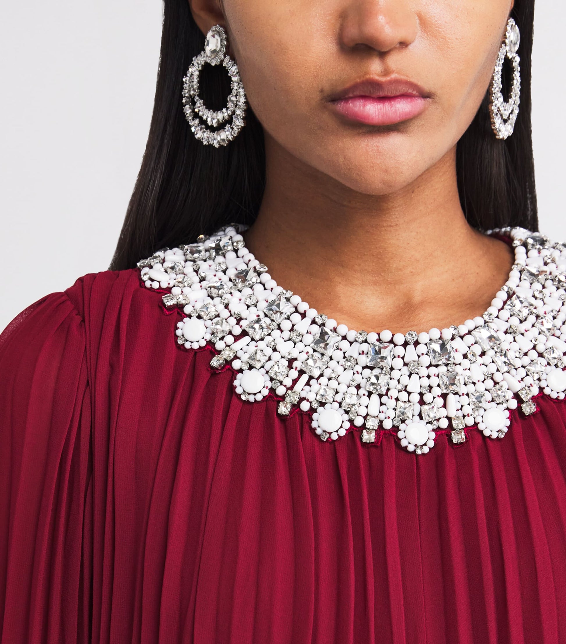 Self-Portrait Burgundy Ostrich Feather-Trim Maxi Dress