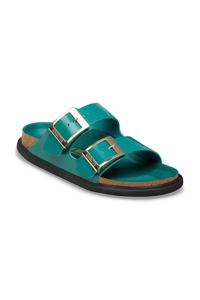 Birkenstock düz tabanlı kadın deri terlik Arizona Droplet Buckle