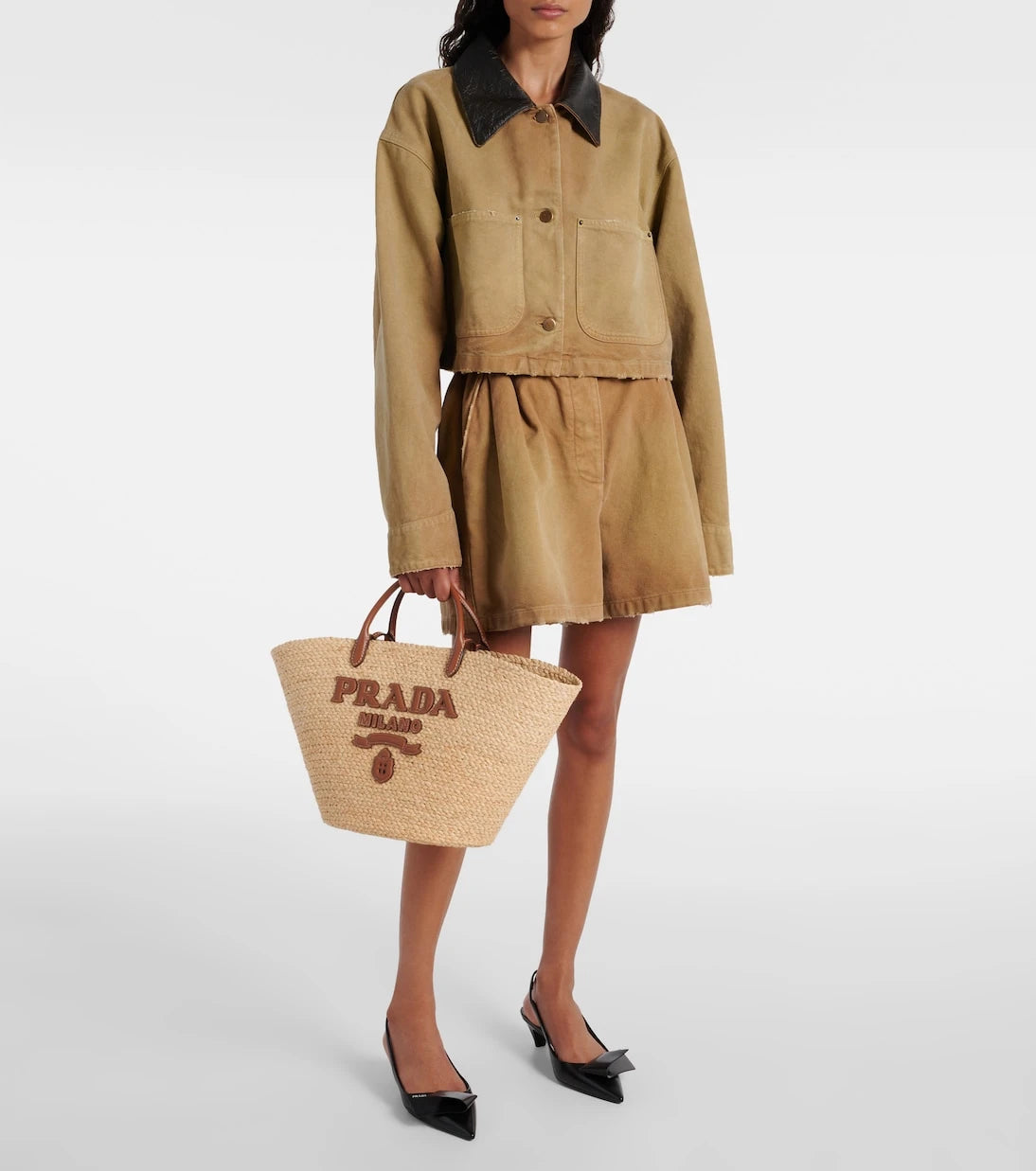 Prada - Logo leather-trimmed raffia basket bag