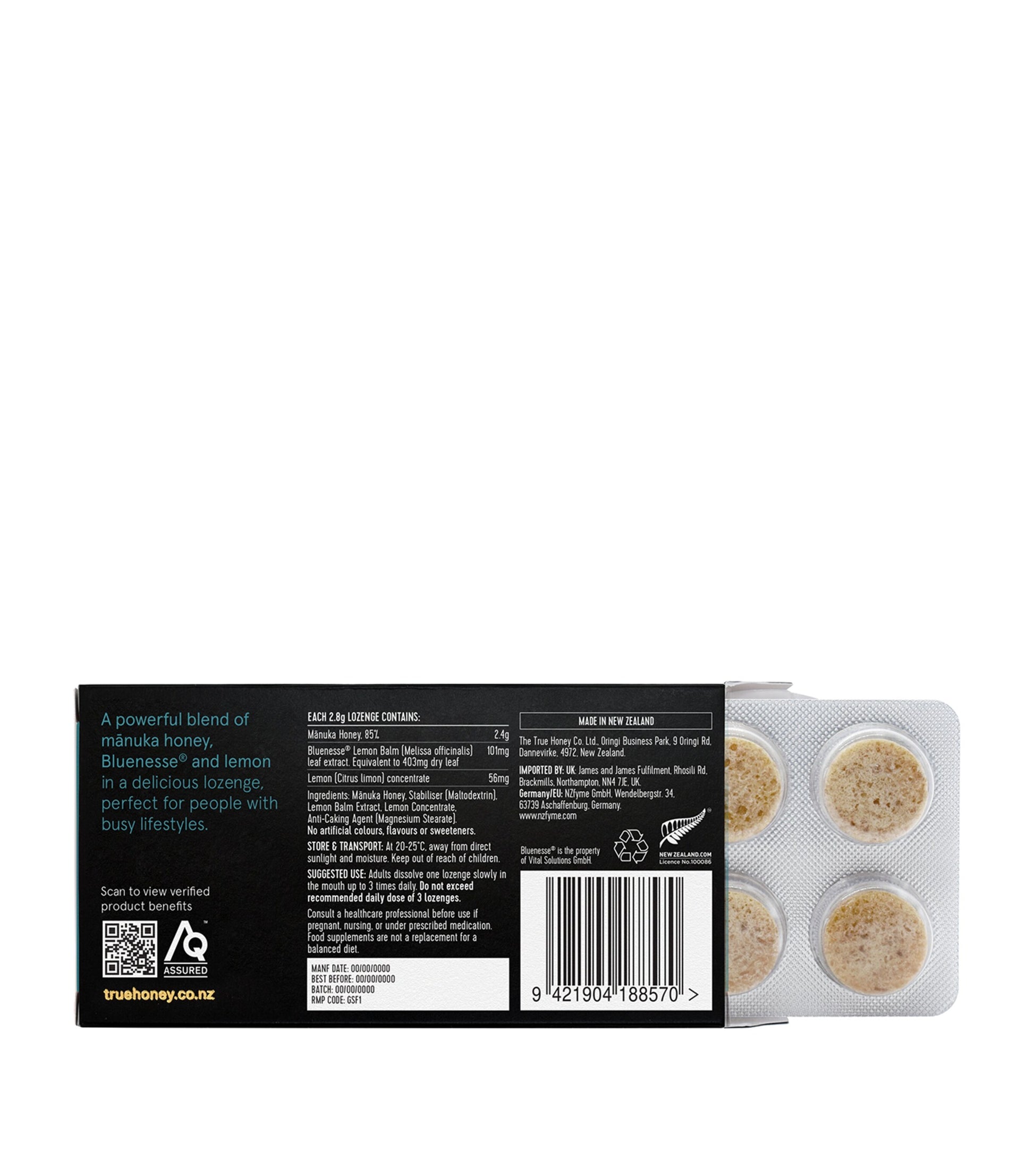 Mānuka Honey Lozenges with Bluenesse and Lemon (8 Capsules)