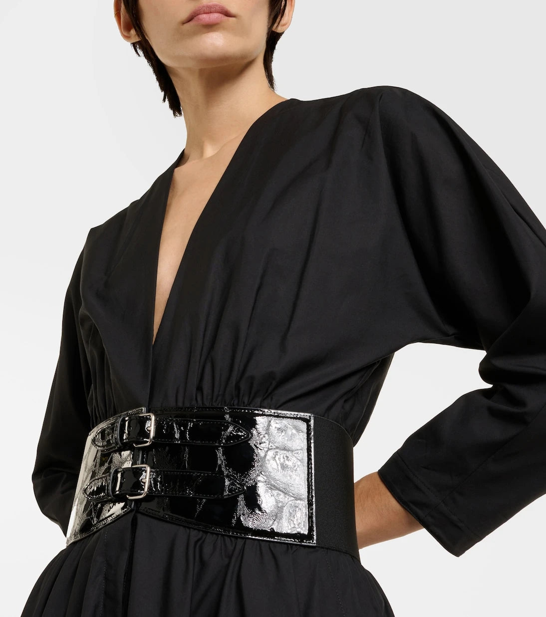 Alaïa - فستان ميدي قطن بحواف جلدية