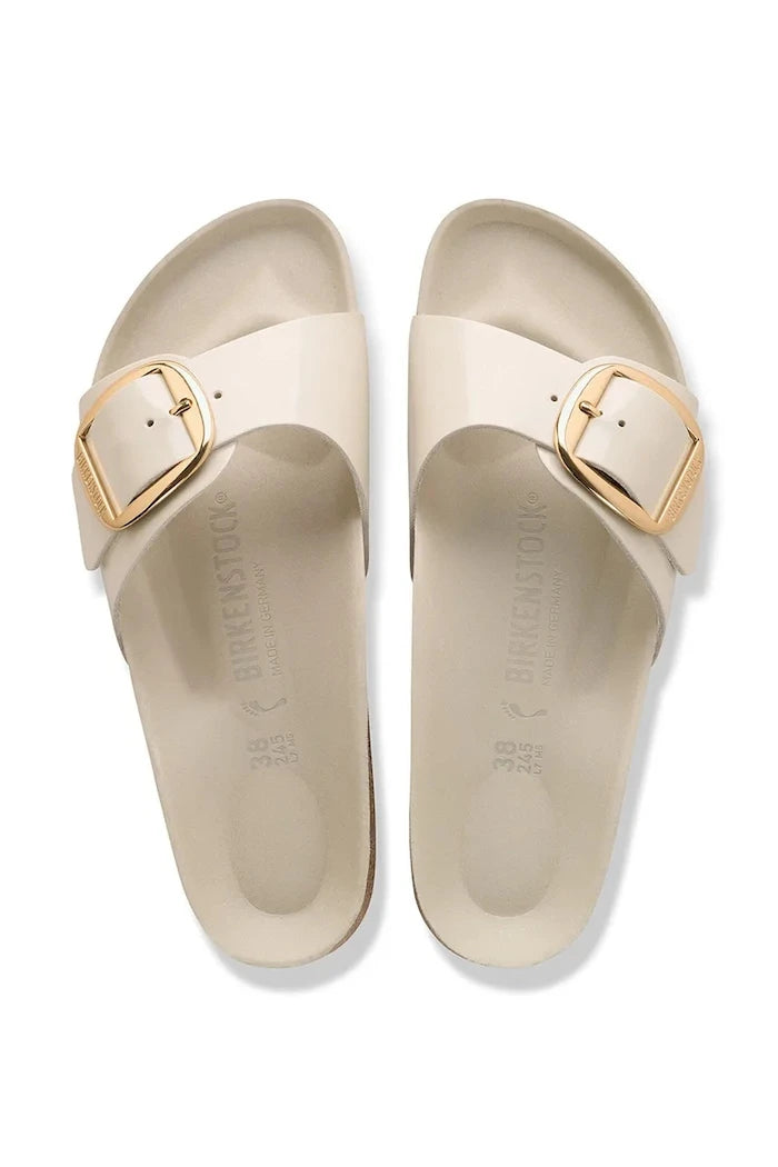 Birkenstock düz tabanlı kadın deri terlik Madrid Big Buckle
