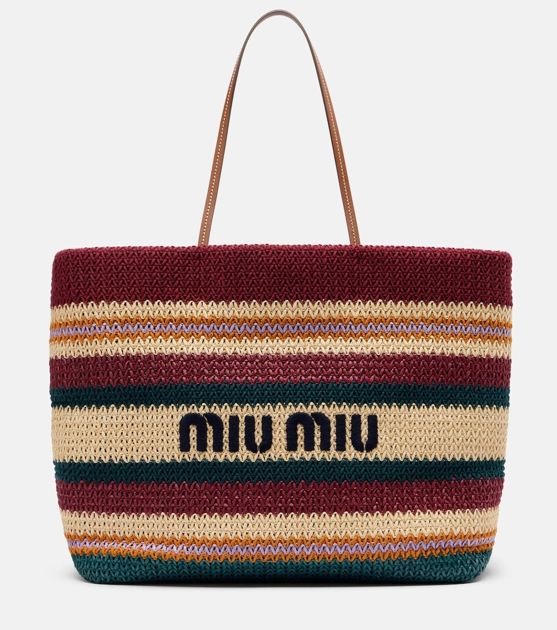 Miu Miu - Striped woven raffia-effect tote bag