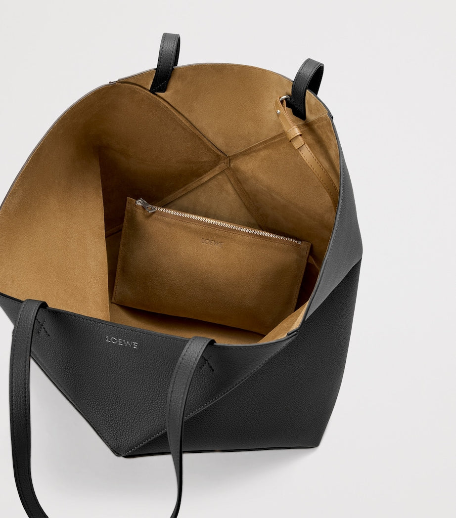 Large Leather Puzzle Fold Tote Bag BLACK