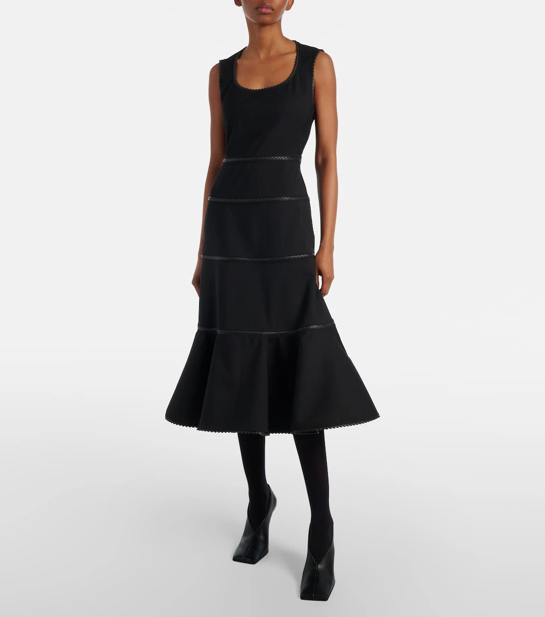 Alaïa - Leather-trimmed wool midi dress