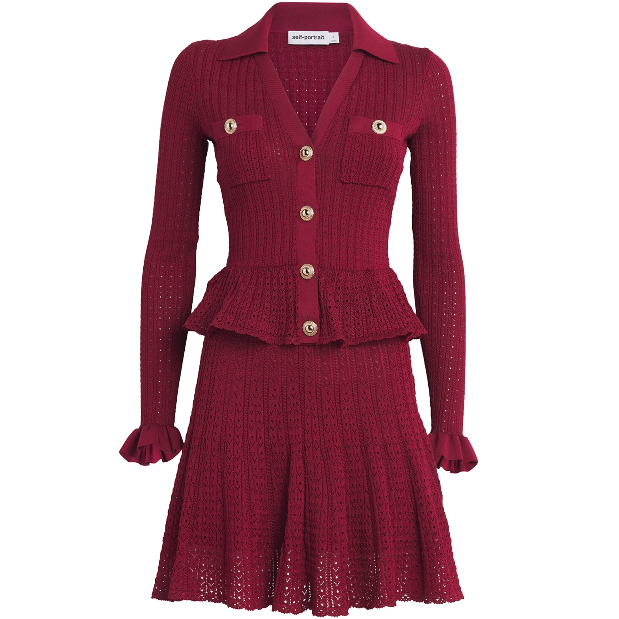 Self-Portrait Burgundy Pointelle Knit Mini Dress