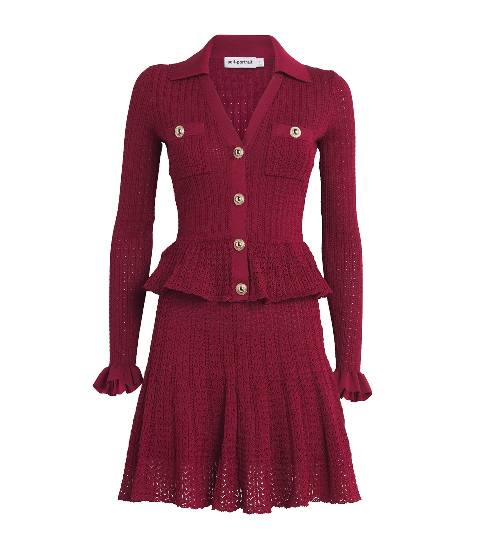 Self-Portrait Burgundy Pointelle Knit Mini Dress