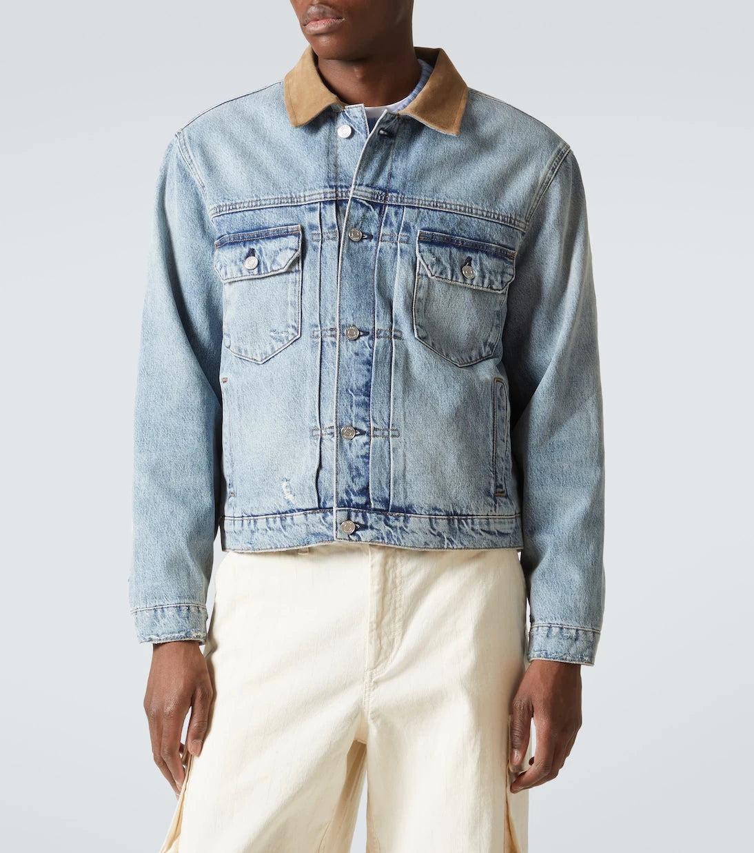 Frame - Distressed suede-trimmed denim jacket