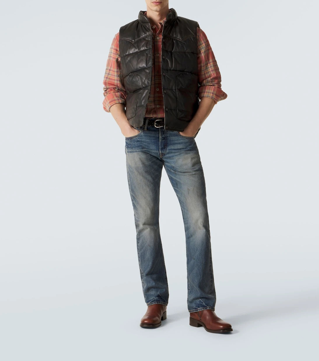 RRL - Reversible leather and cotton puffer vest