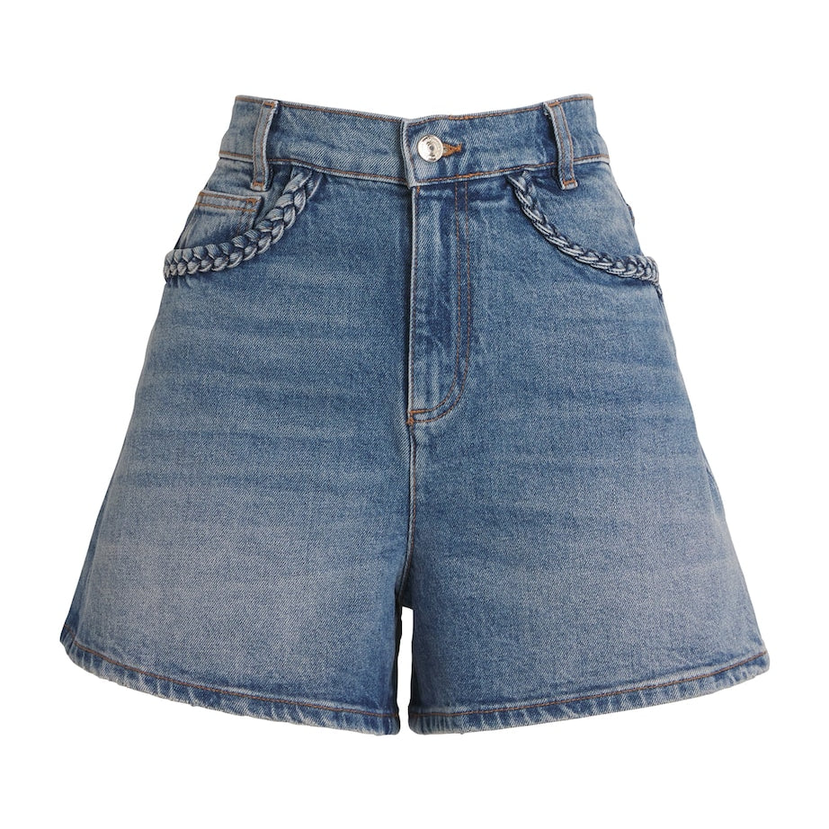 Blue Denim Braided-Trim Shorts
