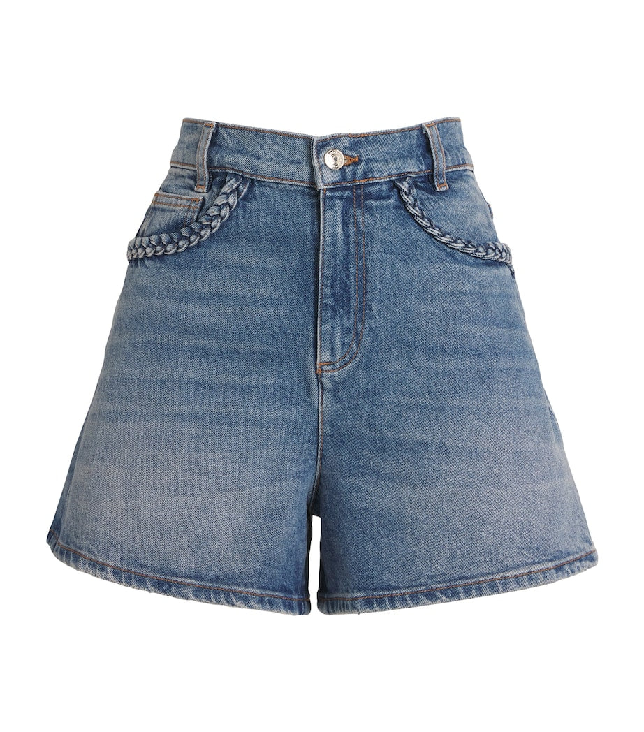 Blue Denim Braided-Trim Shorts