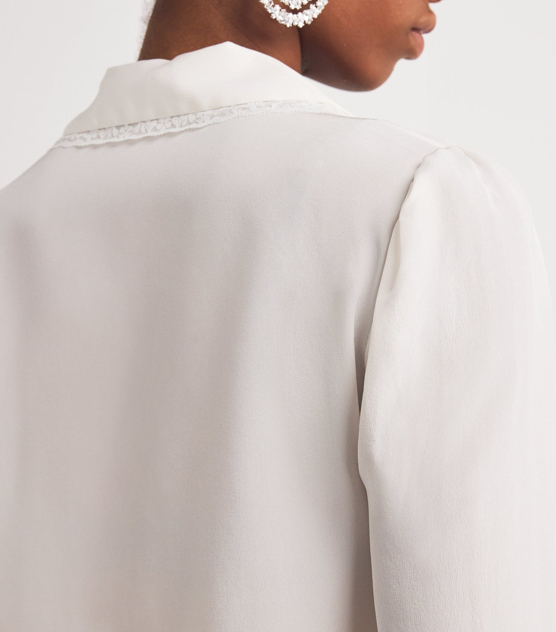 White Silk Lace-Trim Blouse