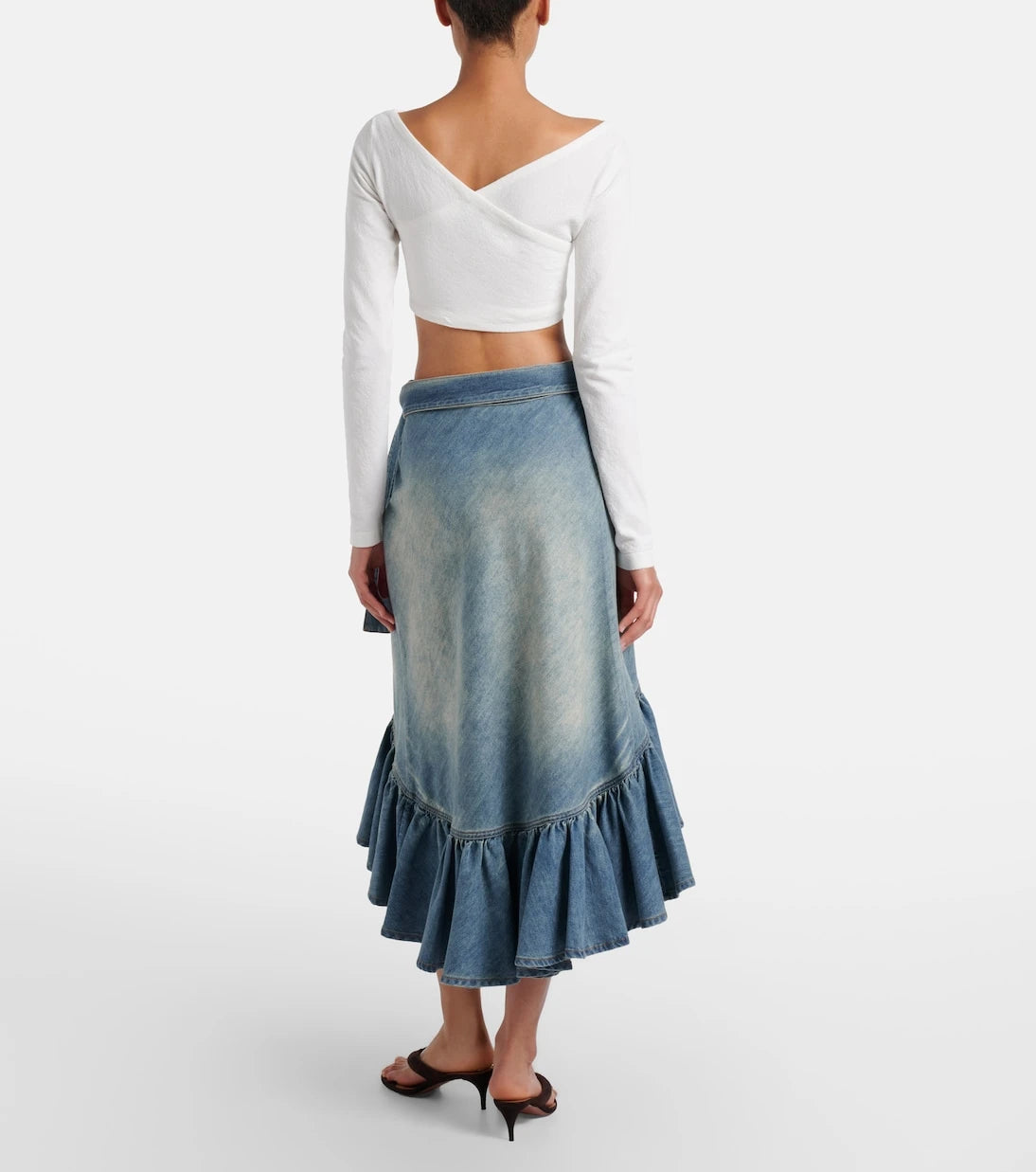 Alaïa - Ruffled denim wrap skirt