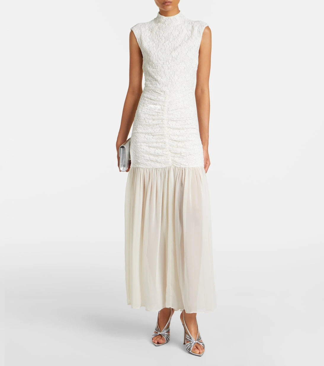 Rotate - Ruched lace-trimmed maxi dress