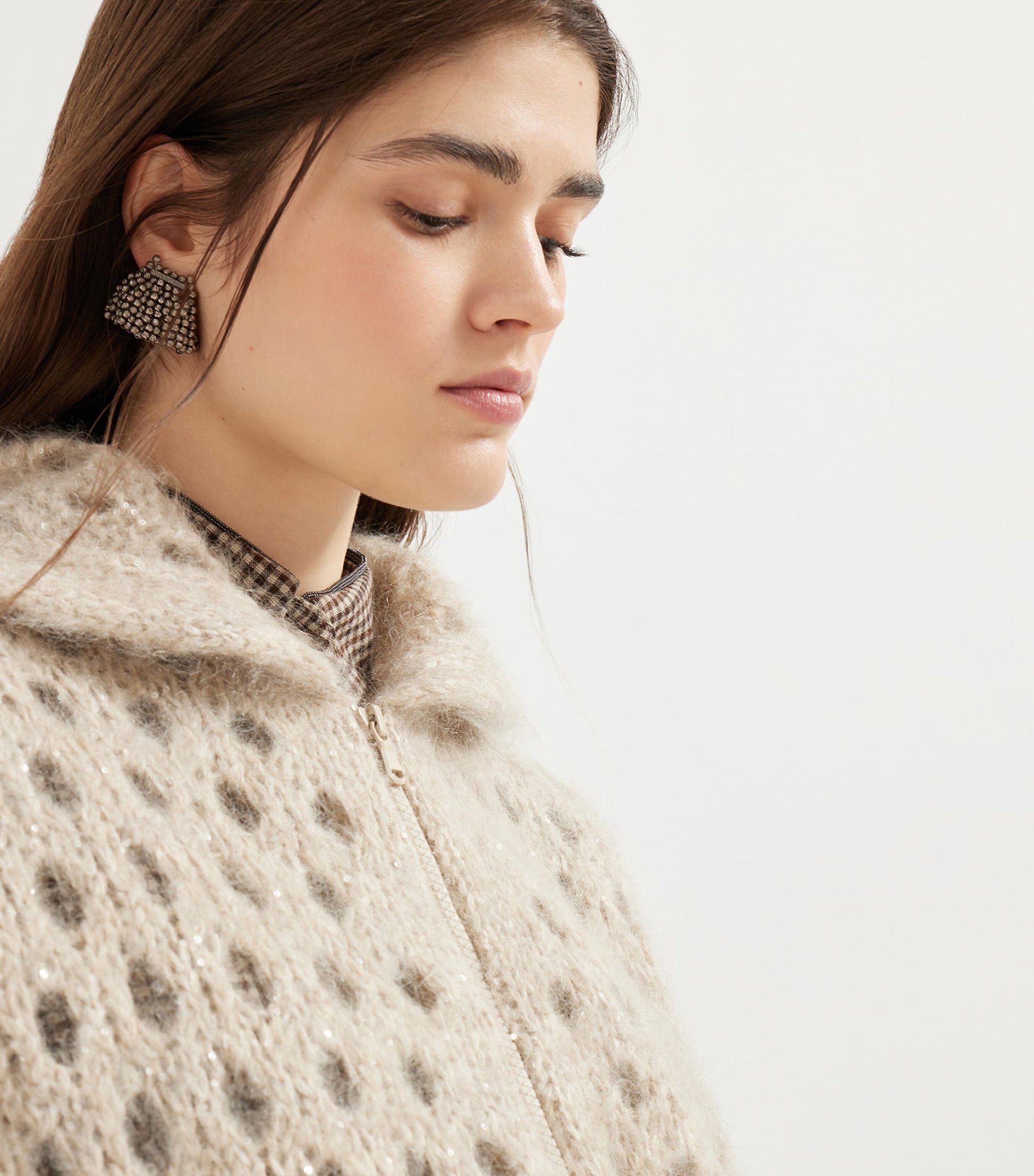 Beige Mohair-Blend Dazzling Net Cardigan