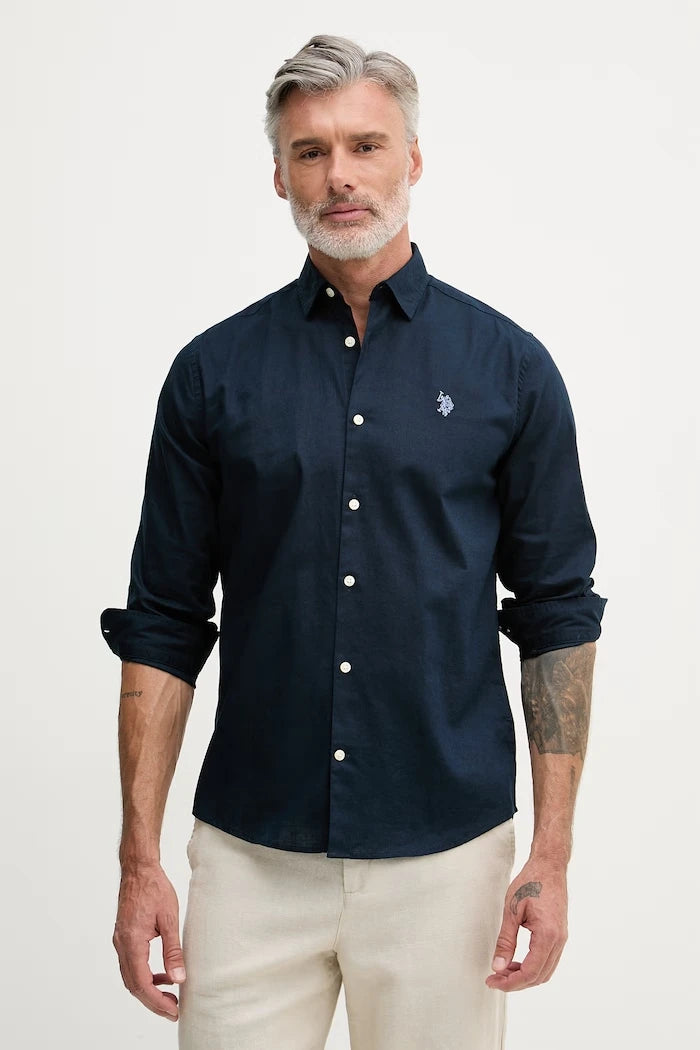 U.S. Polo Assn. риза мъжка с памук LINEN BLEND LS