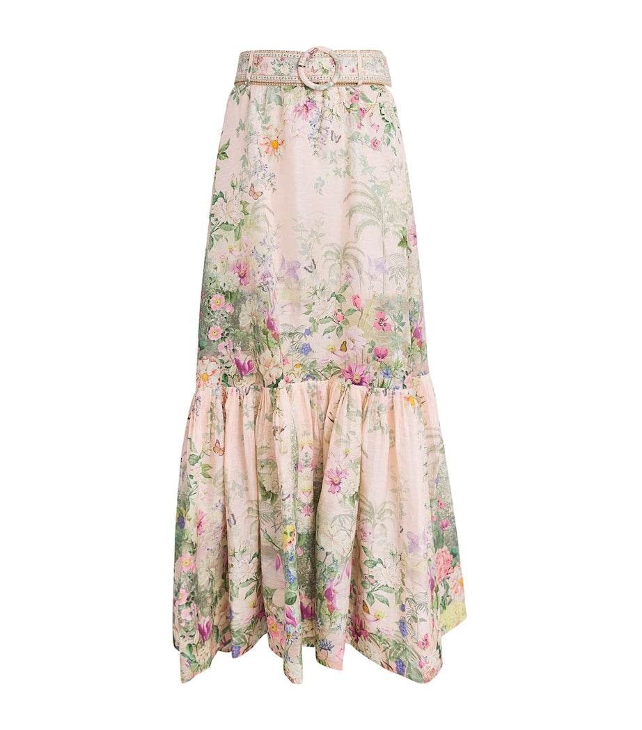 Pink Linen-Silk Belted Maxi Skirt