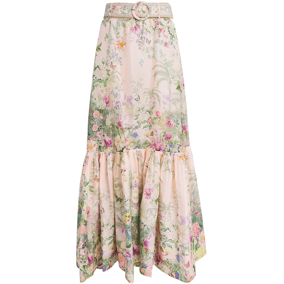 Pink Linen-Silk Belted Maxi Skirt